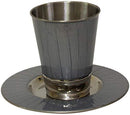 Light grey nickel and enamel Kiddush cup with matching saucer, featuring a sleek vertical striped pattern and elegant modern finish.