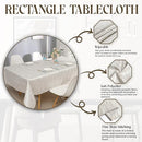  Infographic showing rectangle tablecloth features: smooth texture, soft fabric, and fine hem stitching.