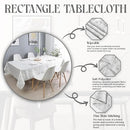 A stylish rectangular tablecloth displayed on a dining table, highlighting its features like stain resistance and fine hem stitching.
