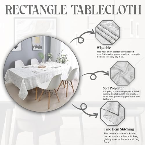 Image of a rectangular tablecloth on a dining table, featuring care instructions and fabric details in a stylish layout.