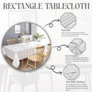 Diagram showcasing a rectangular tablecloth with features including its shape, softness, and stain resistance, on a dining table.