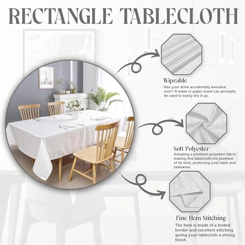Diagram showcasing a rectangular tablecloth with features including its shape, softness, and stain resistance, on a dining table.