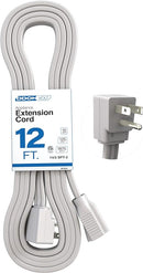 Coiled 12-foot DDON Volt appliance extension cord in white with flat plug and packaging label showing specifications