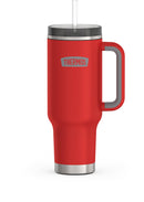 Crimson red Thermos travel mug with handle and straw on white background