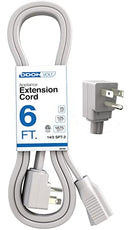 Coiled DDON Volt 6 ft. appliance extension cord in white with retail packaging and flat plug close-up