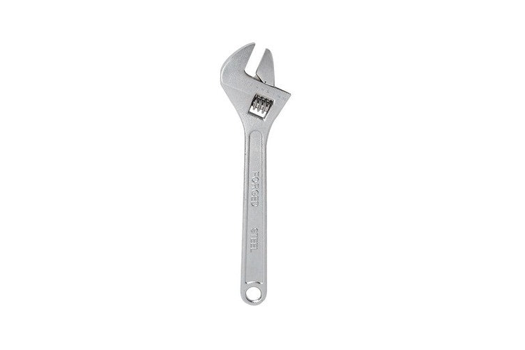 Full view of a 6-inch adjustable wrench with chrome finish on a white background