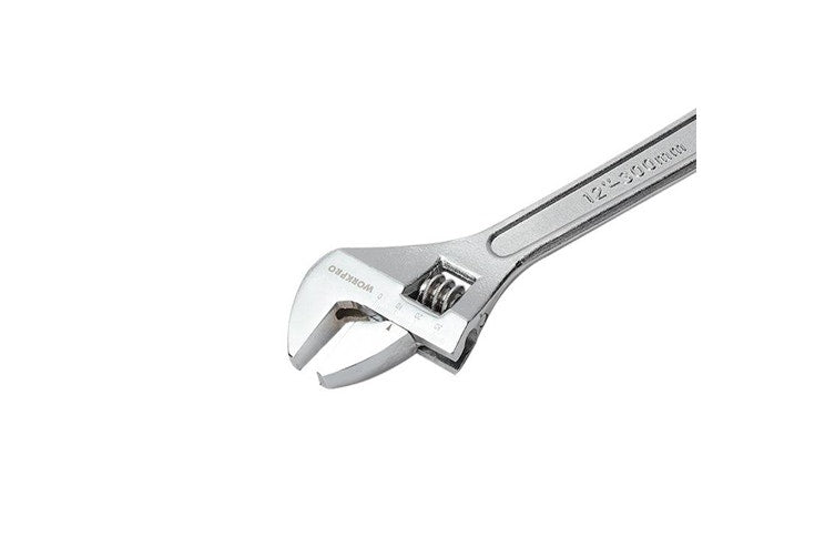 Angled close-up of the 6" adjustable wrench head showing precision-machined jaws and adjustment mechanism