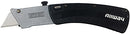 Side view of a Remmu folding utility knife with black ergonomic handle and exposed utility blade