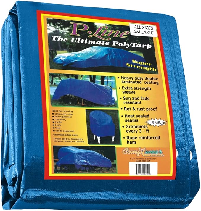Folded blue P-Style Ultimate Poly Tarp in 8x10 ft size with retail label showing tarp features and usage images