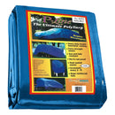 Folded blue P-Style Ultimate Poly Tarp in 9x12 ft size with product label highlighting weatherproof features and suggested outdoor uses