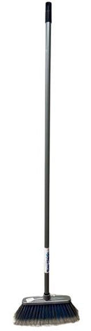 Full-length image of a black angle broom with a long silver handle and black grip, standing upright on white background