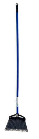 Full-length image of a heavy-duty angle broom with a blue handle, black grip, and wide black bristle head on a white background