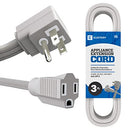 ELECTERY 3 ft. appliance extension cord with flat plug and packaging label, featuring plug and socket close-ups
