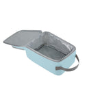 Open empty glacier blue Thermos lunch box with insulated silver lining