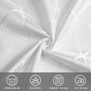 Close-up of white fabric with a spiral pattern, featuring icons for soft texture, easy care, and durability.