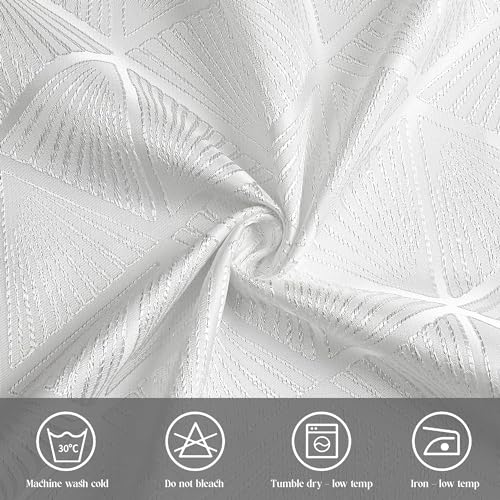 Close-up of white fabric with a spiral pattern, featuring icons for soft texture, easy care, and durability.