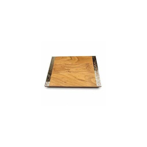 Wooden challah board with elegant silver lace-trimmed sides on a white background