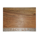 Wooden challah board with intricate metal cutout design of Jerusalem along the bottom edge