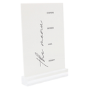 White lucite menu card measuring 6.5 by 9 inches with dry erase marker for reusable Shabbat or event menus