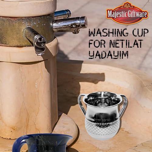 Stainless steel washing cup featuring a gold glitter stripe and dual handles, designed for Netilat Yadayim ritual