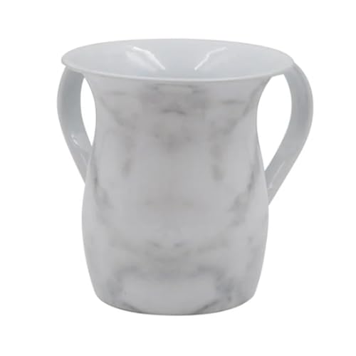 Stainless steel washing cup with elegant white and gray marble finish and dual handles for Netilat Yadayim