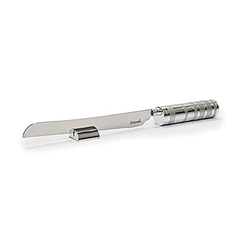 Silver challah knife featuring multicolored ring handle with detachable salt shaker built into the grip