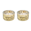 Glass Shabbat tea light holders with gold pomegranate metal decoration for elegant candle lighting