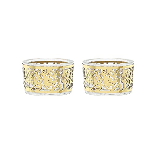 Glass Shabbat tea light holders with gold pomegranate metal decoration for elegant candle lighting