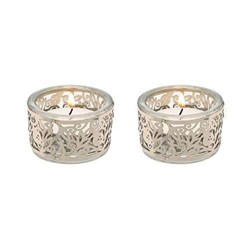 Glass Shabbat tea light holders with silver pomegranate metal decoration, compact and elegant for candle lighting