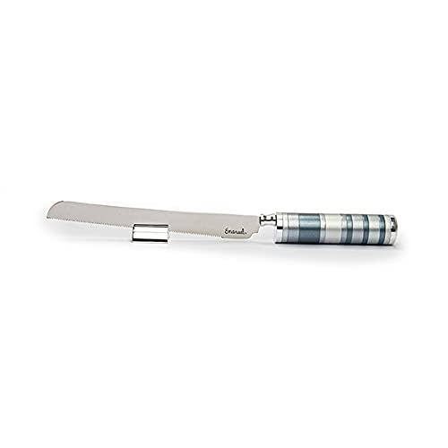 Gray challah knife with multicolored ring handle and detachable salt shaker integrated into the handle