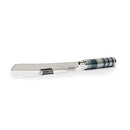 Gray challah knife with multicolored ring handle and detachable salt shaker integrated into the handle