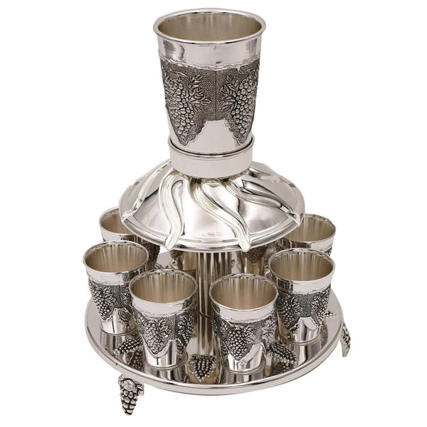 Nickel Kiddush fountain set with 8 small cups and 1 large cup, featuring elegant 11-inch tall centerpiece