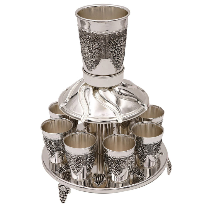 Nickel Kiddush fountain set with 8 small cups and 1 large cup, featuring elegant 11-inch tall centerpiece