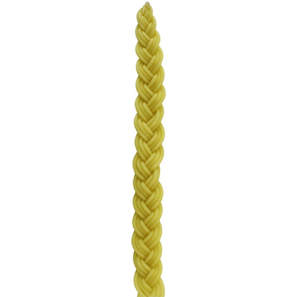 Tall yellow braided Havdalah candle with intricate plaited design and smooth wax finish