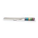 Challah knife with multicolored ring handle featuring built-in detachable salt shaker in modern design
