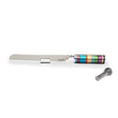 Challah knife with multicolored ring handle featuring built-in detachable salt shaker in modern design