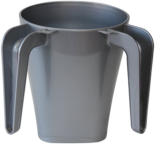 Grey plastic washing cup with dual handles designed for ritual Netilat Yadayim use