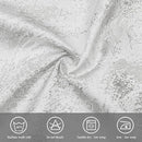 Close-up of the silver damask pattern fabric with icons indicating machine wash, no bleach, tumble dry, and iron safe.