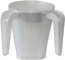 White plastic Judaica washing cup with dual handles, designed for Netilat Yadayim rituals