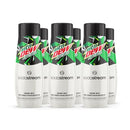 Six bottles of SodaStream MTN DEW Zero Sugar Drink Mix with bold green and black label design