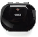Top view of black Dominion indoor grill with closed lid and logo