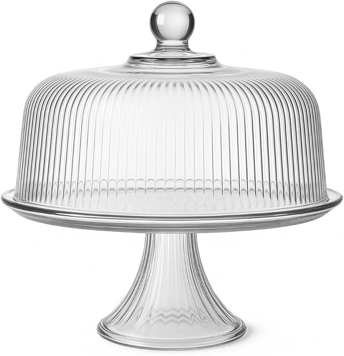 Clear glass Anchor Hocking cake stand with fluted dome cover and knob top