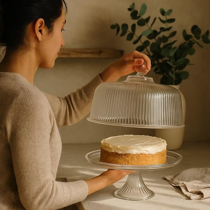Woman lifting glass dome off cake stand with frosted cake