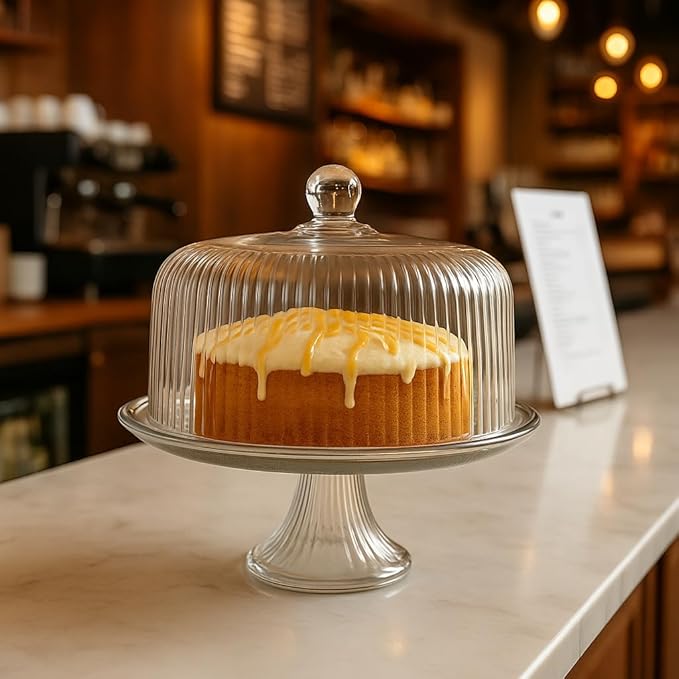 Anchor Hocking cake dome with cake on countertop in cozy café setting