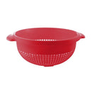 YBM Home deep red plastic colander with a sturdy base and side handles.