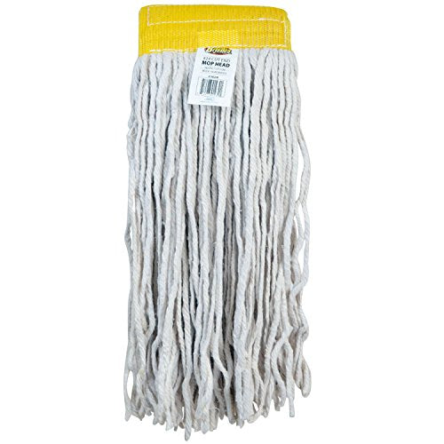 White 4-ply cotton mop head with yellow mesh headband and barcode label