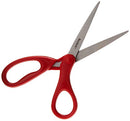 Red-handled Scotch scissors opened on white background