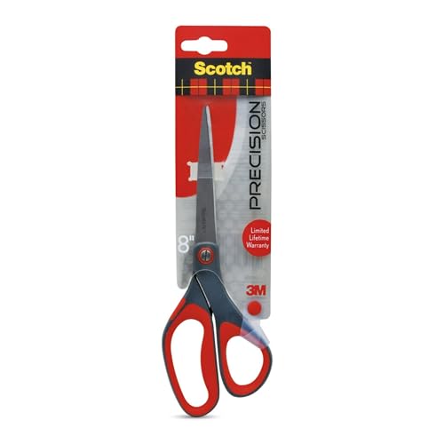 Scotch 8-inch precision scissors in retail packaging with red and black handles
