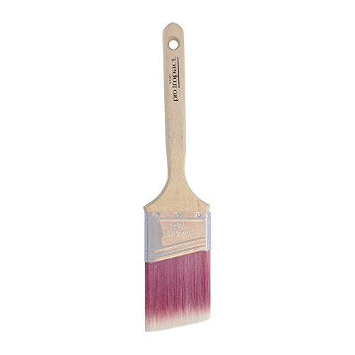Angular paint brush with wooden handle and pink-tipped bristles on white background