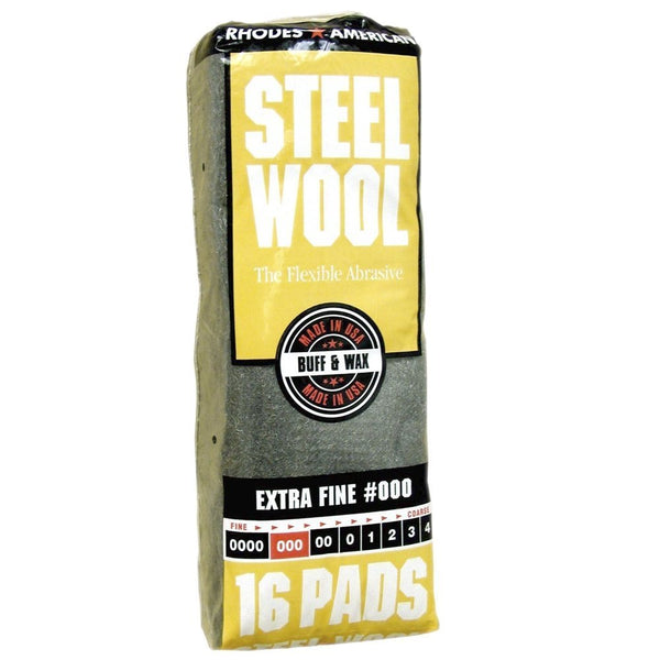 Rhodes American Steel Wool package with yellow and black label, labeled #0000 extra fine, 16 pads